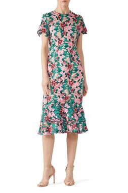VONE Pink Green Floral Lace Detail Kava Midi Dress Size US 6